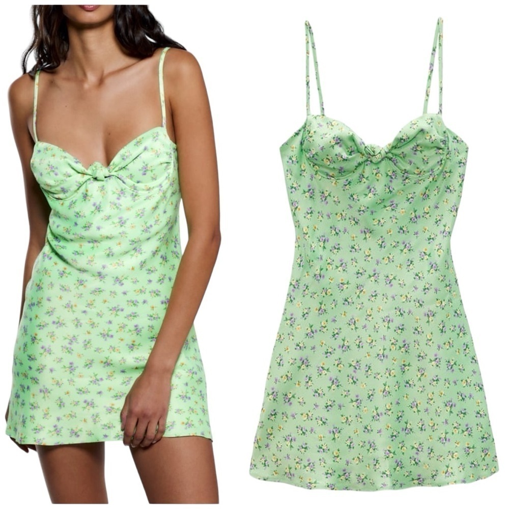 Zara Satin Effect Floral Print Spaghetti Strap Mini Summer Dress